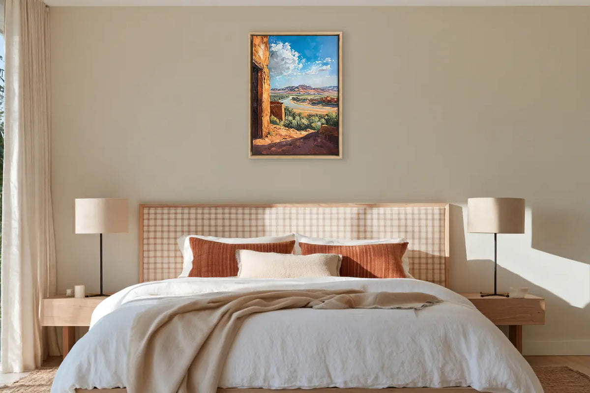 Calm & Quiet – Moroccan framed canvas collection, ambiance shot in a styled interior