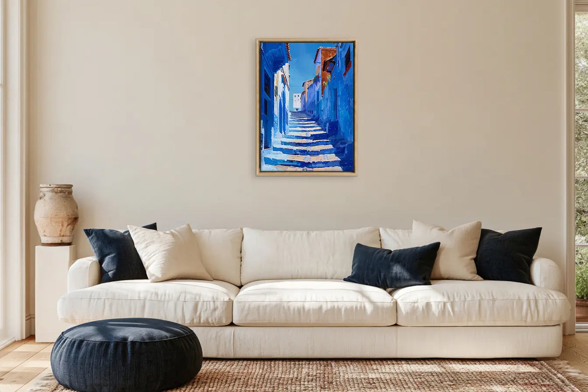 Medina Blue – Moroccan framed canvas collection, ambiance shot in a styled interior