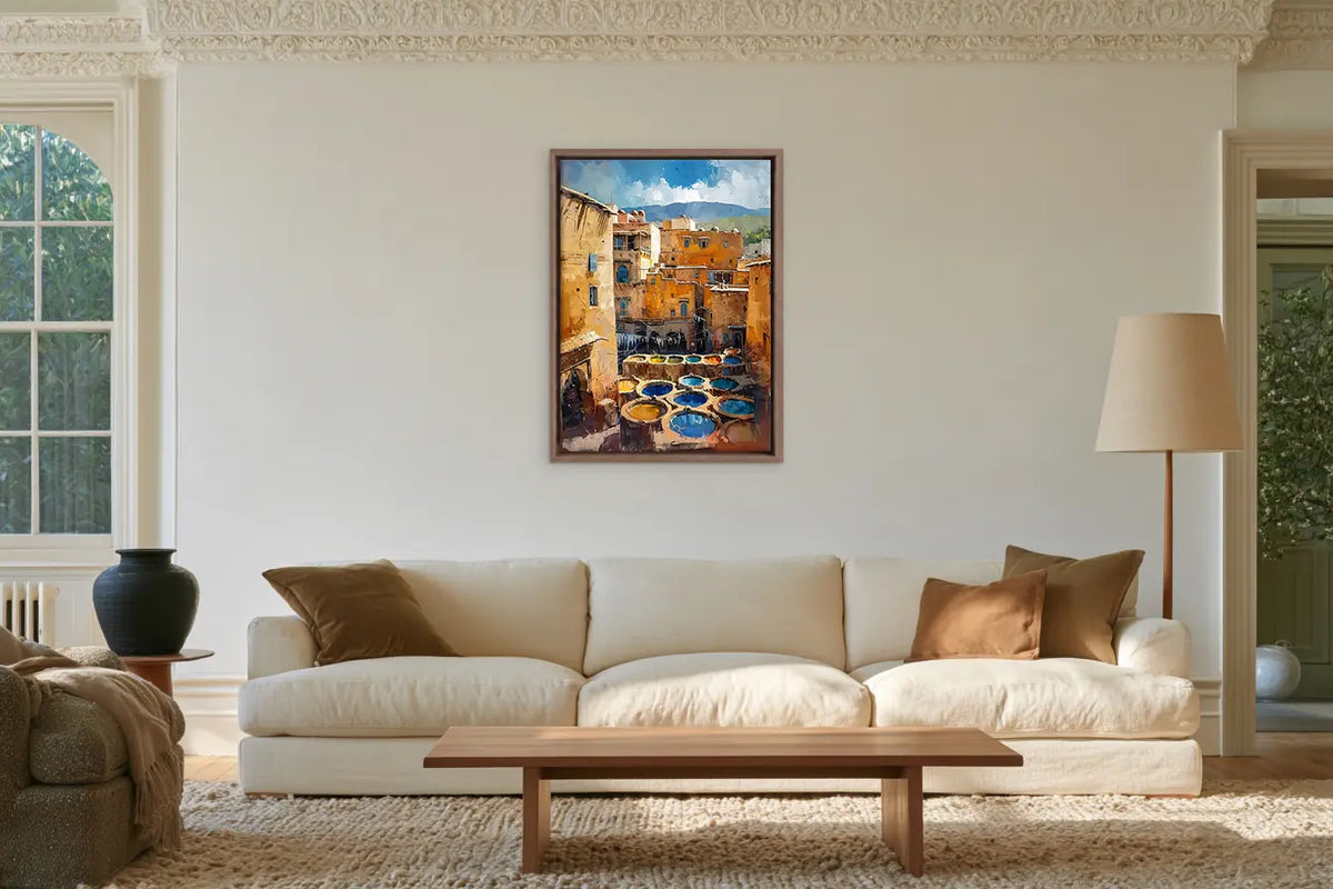 Cities & Landmarks – Moroccan framed canvas collection, ambiance shot in a styled interior