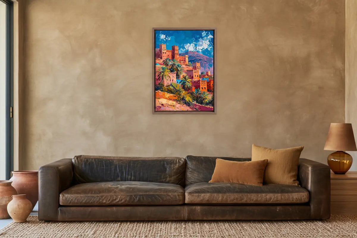 Saffron & Terracotta – Moroccan framed canvas collection, ambiance shot in a styled interior
