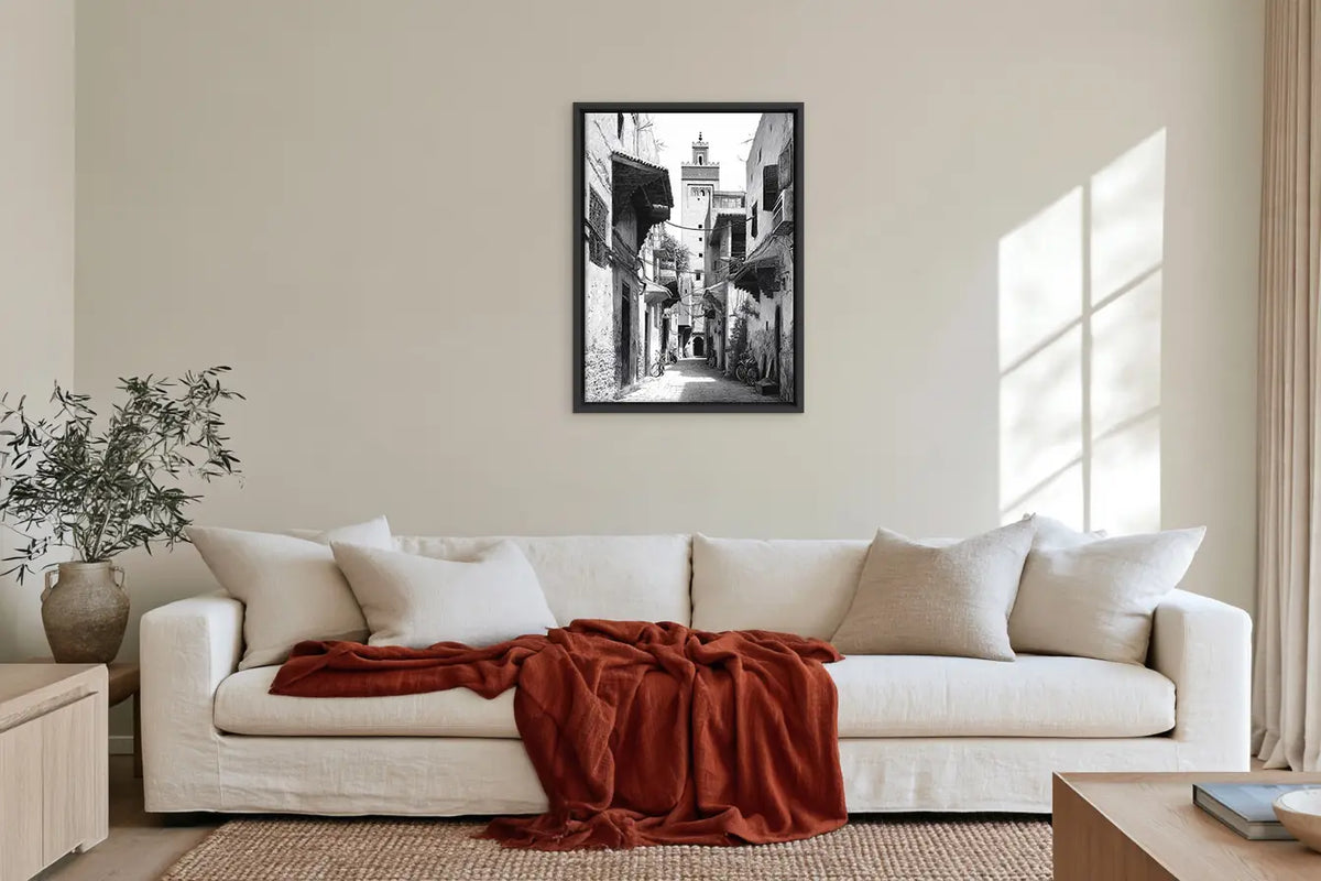 Sand & Cream – Moroccan framed canvas collection, ambiance shot in a styled interior