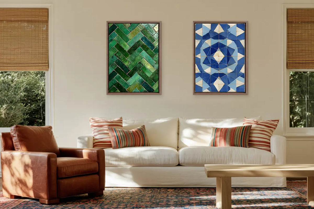 Zellige & Patterns – Moroccan framed canvas collection, ambiance shot in a styled interior