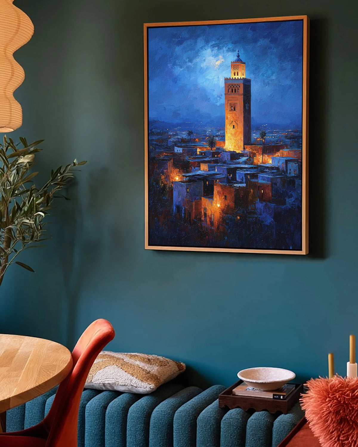 Marrakech – Koutoubia By Night framed canvas print, ambiance shot in a styled interior