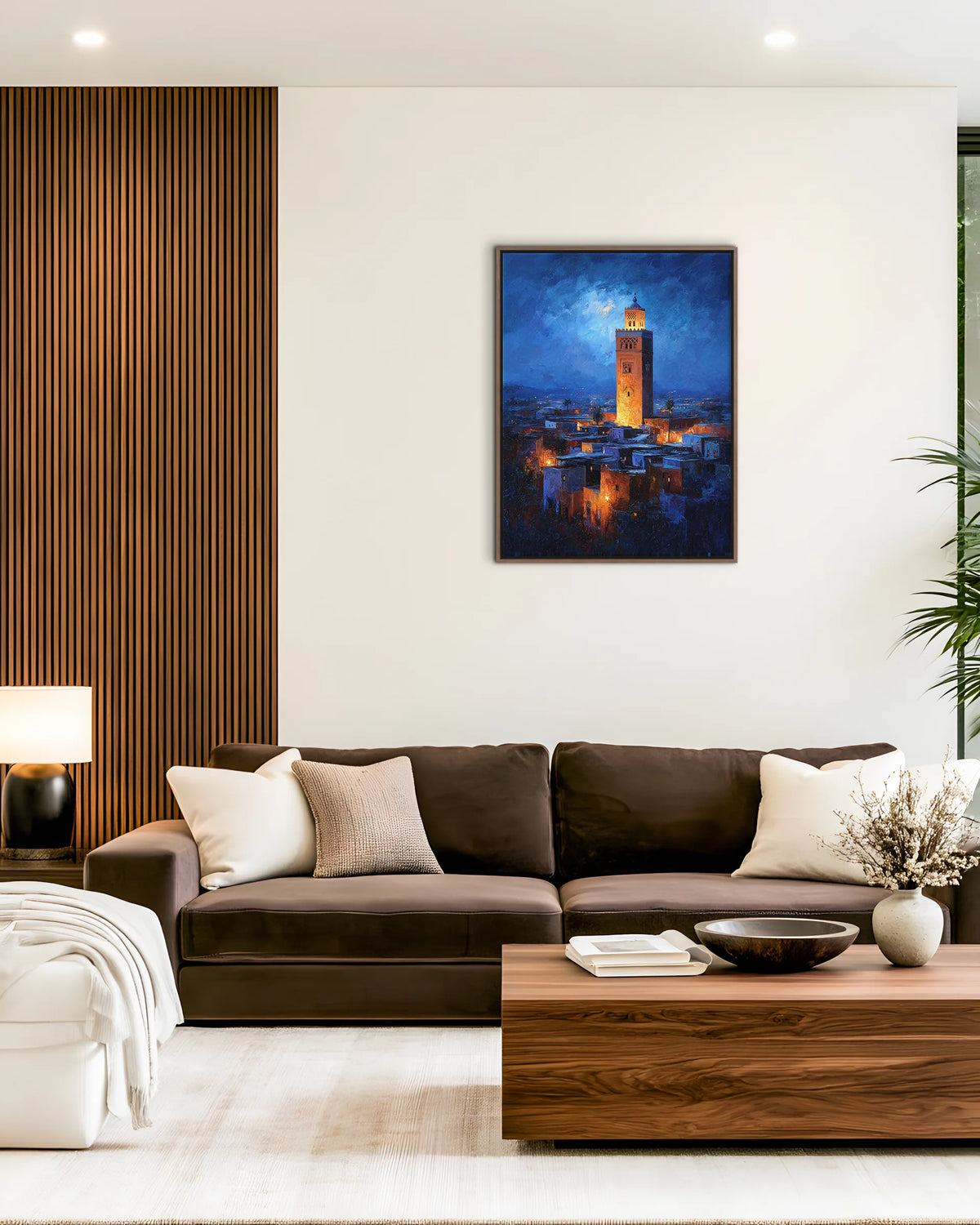 Marrakech – Koutoubia By Night framed canvas print, ambiance shot in a styled interior