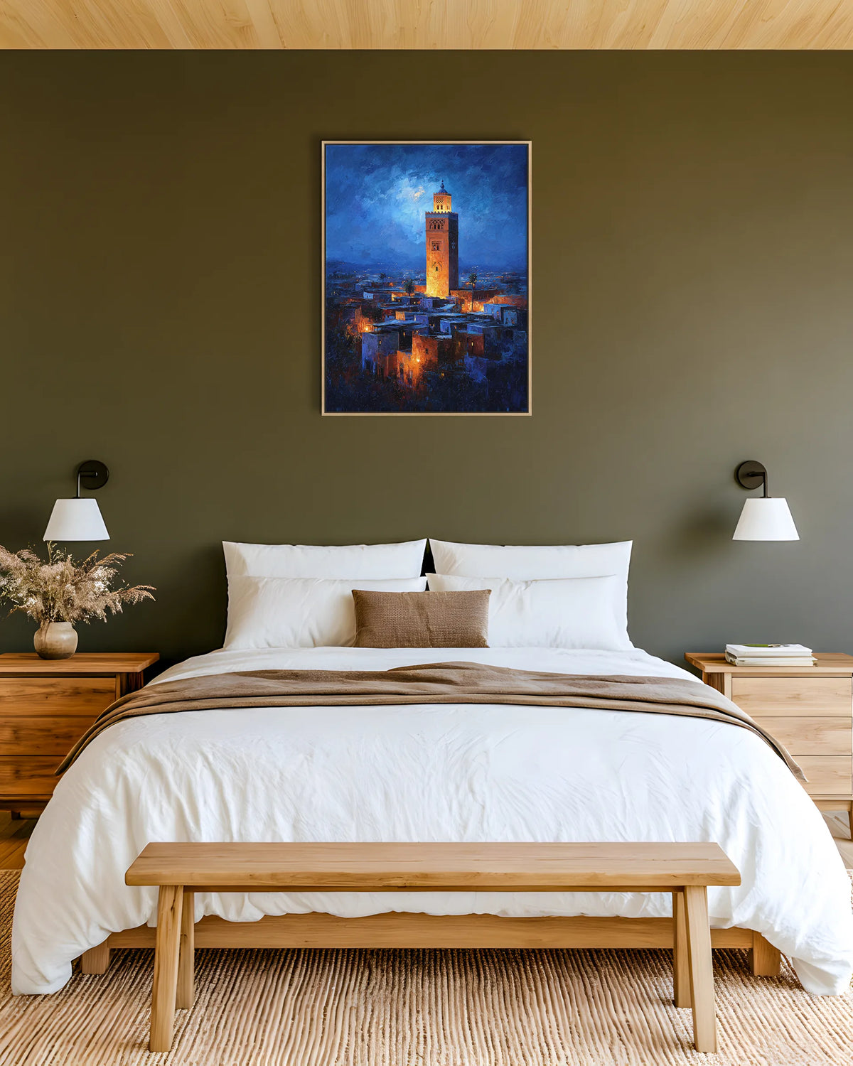 Marrakech – Koutoubia By Night framed canvas print, ambiance shot in a styled interior