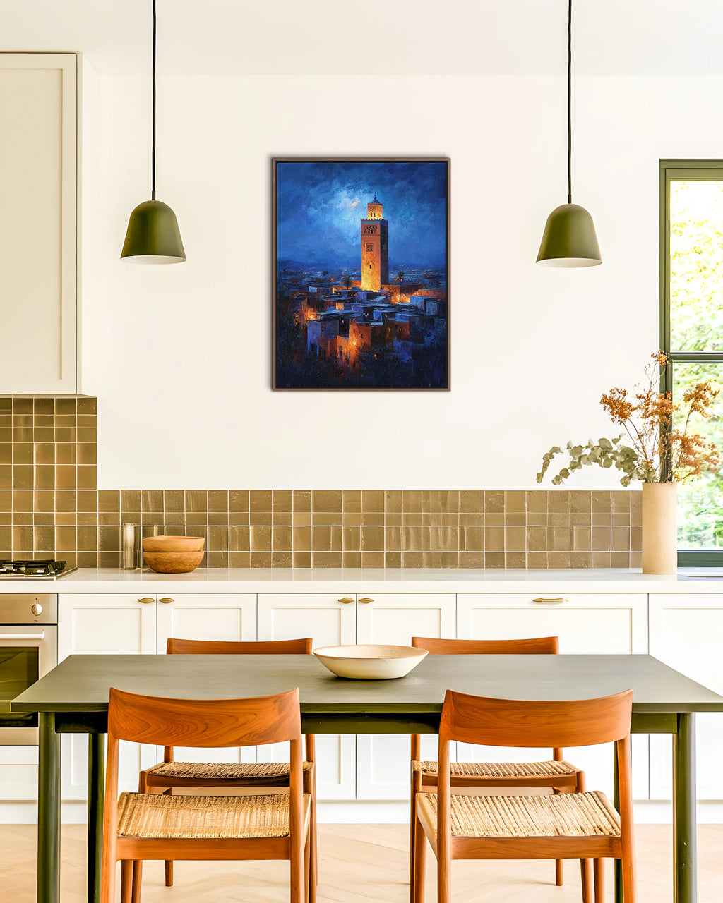 Marrakech – Koutoubia By Night framed canvas print, ambiance shot in a styled interior