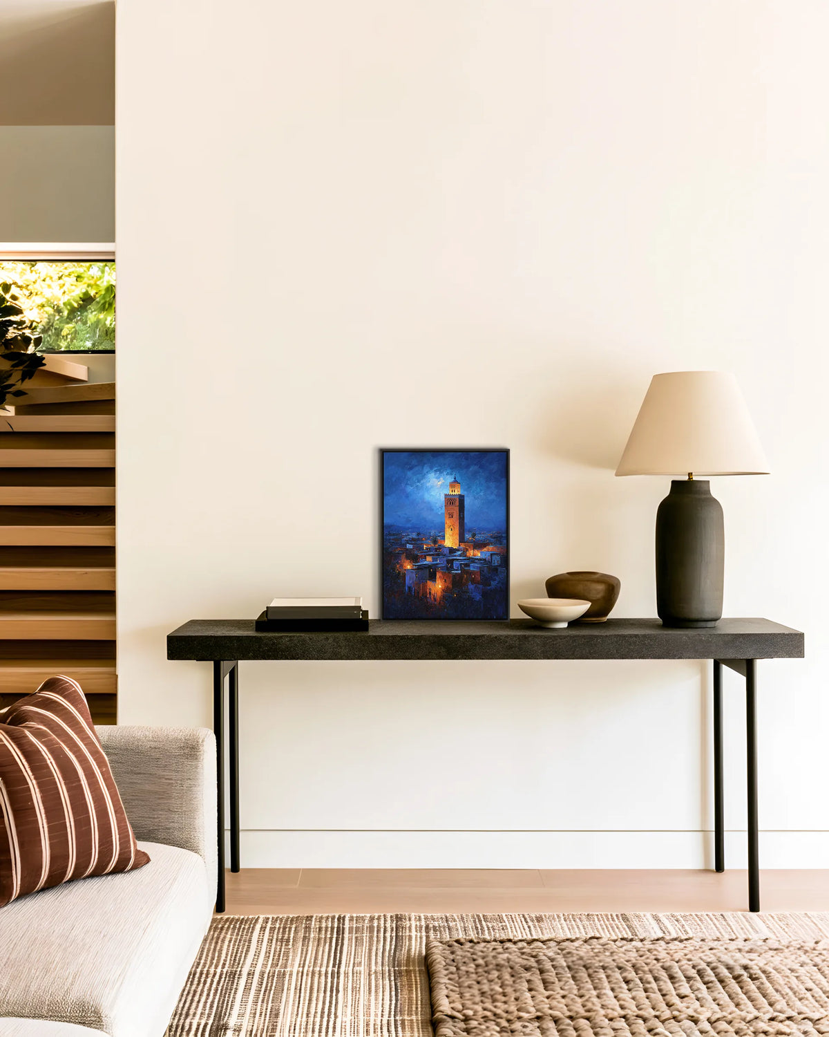 Marrakech – Koutoubia By Night framed canvas print, ambiance shot in a styled interior