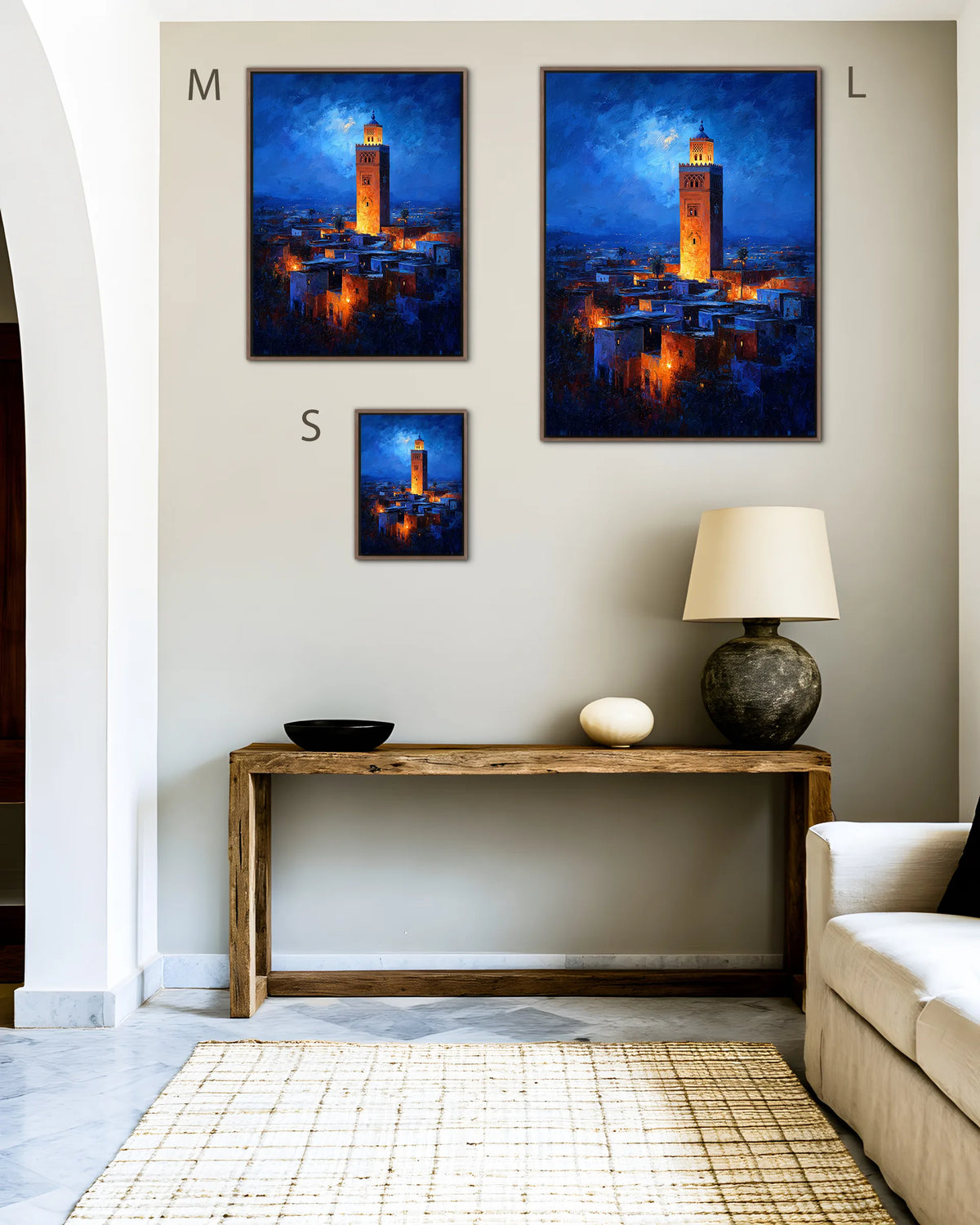 Size guide for Marrakech – Koutoubia By Night framed canvas print, sizes S, M and L