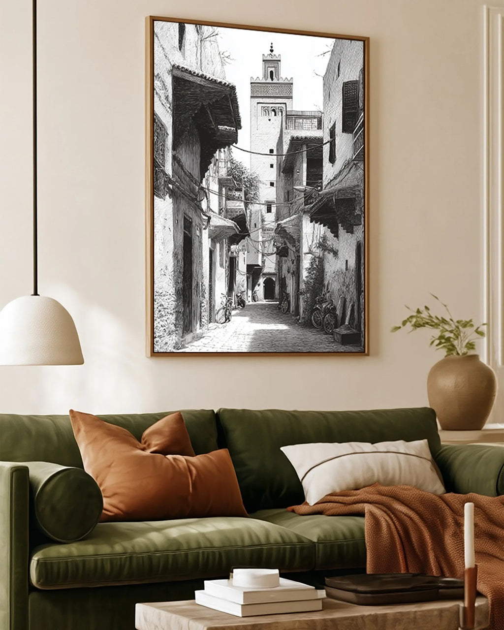 Marrakech – Medina Shadows framed canvas print, ambiance shot in a styled interior