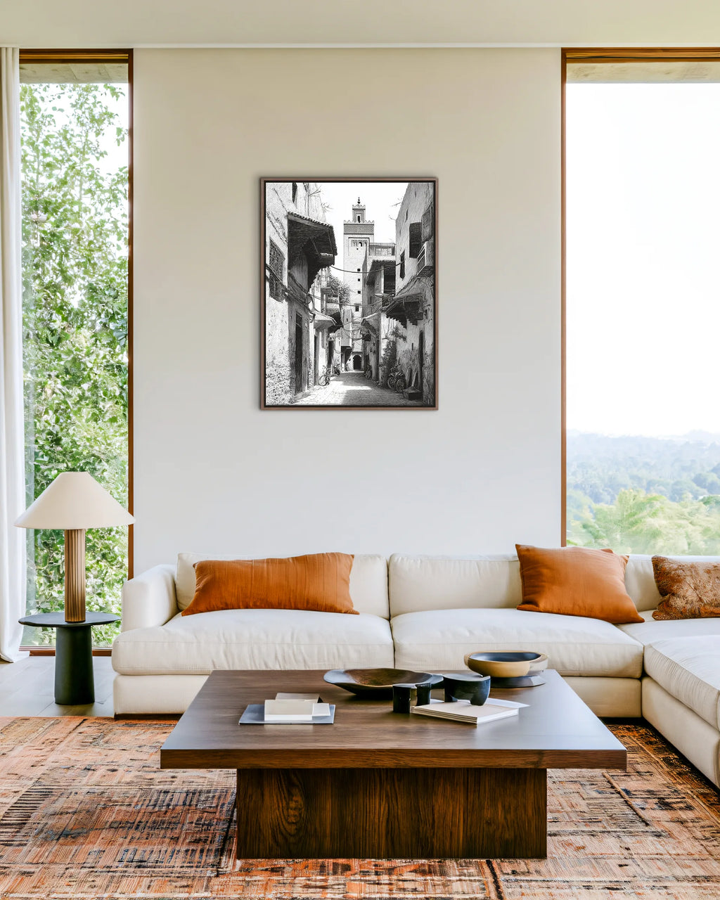 Marrakech – Medina Shadows framed canvas print, ambiance shot in a styled interior