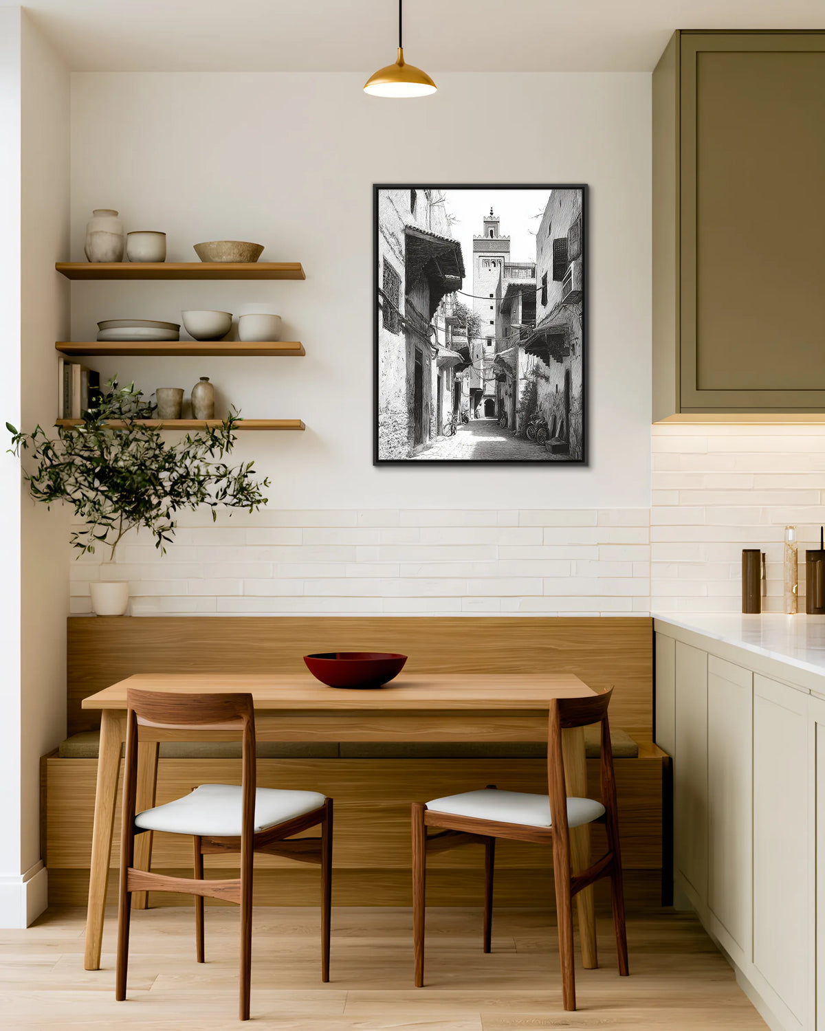 Marrakech – Medina Shadows framed canvas print, ambiance shot in a styled interior