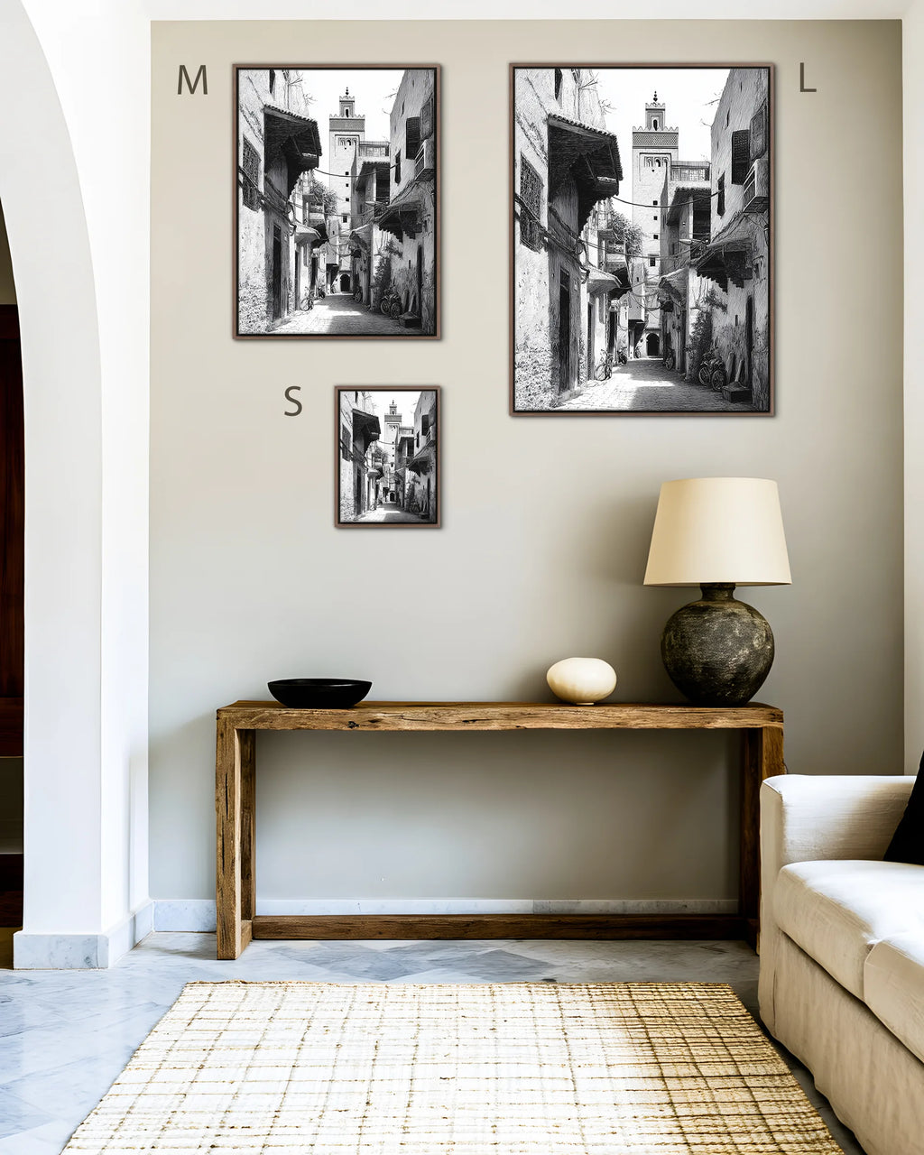 Size guide for Marrakech – Medina Shadows framed canvas print, sizes S, M and L