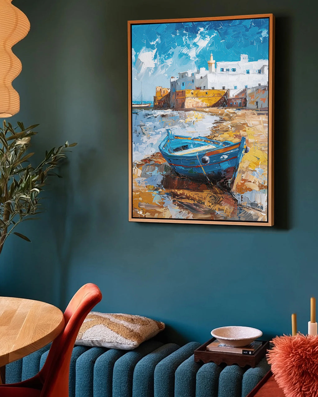 Essaouira – Blue Boat at the Ramparts framed canvas print, ambiance shot in a styled interior