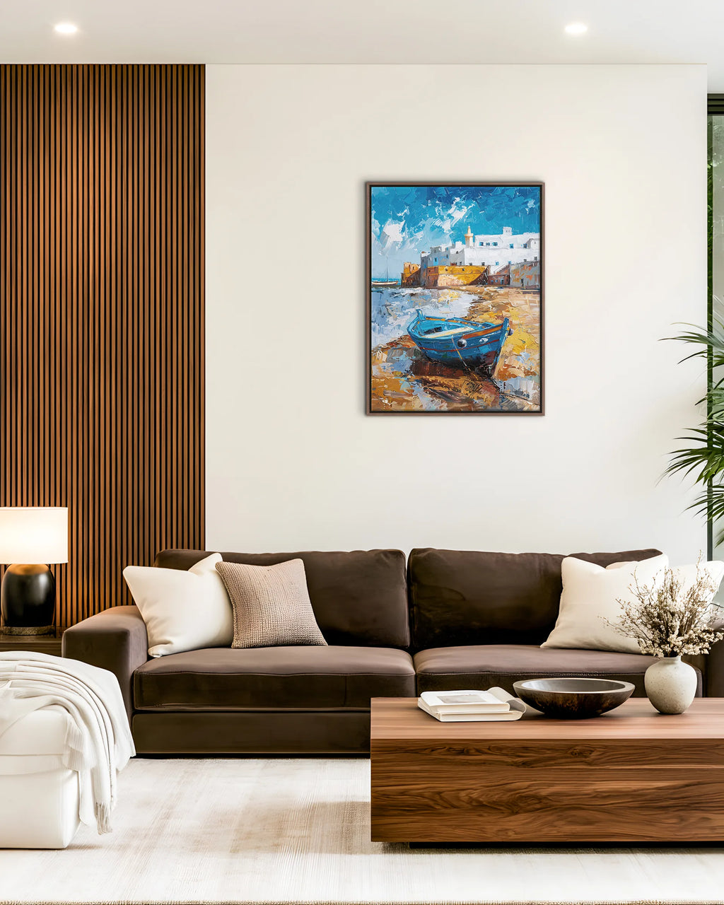 Essaouira – Blue Boat at the Ramparts framed canvas print, ambiance shot in a styled interior