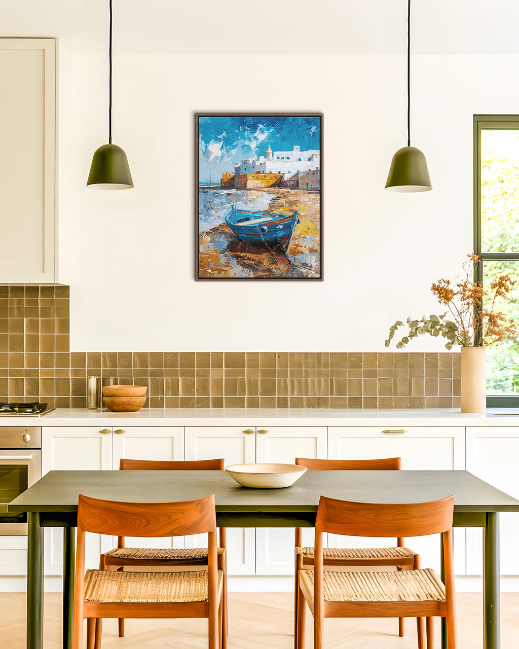 Essaouira – Blue Boat at the Ramparts framed canvas print, ambiance shot in a styled interior