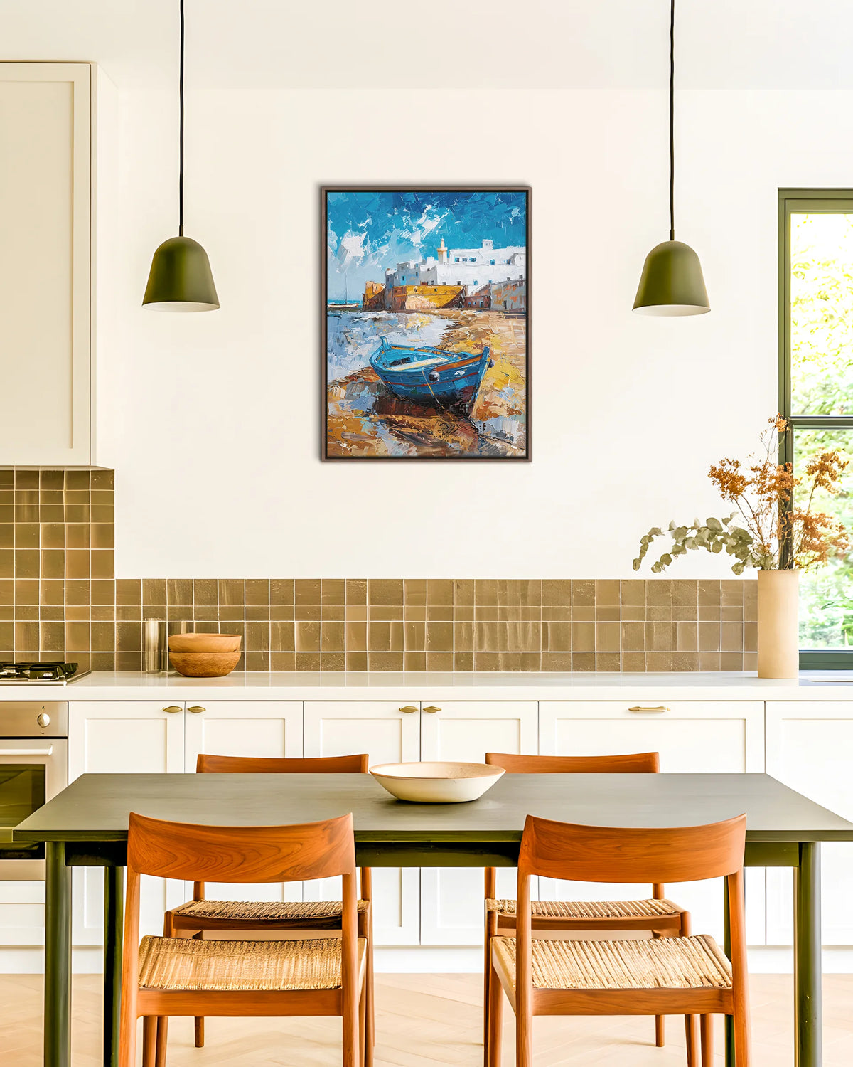 Essaouira – Blue Boat at the Ramparts framed canvas print, ambiance shot in a styled interior
