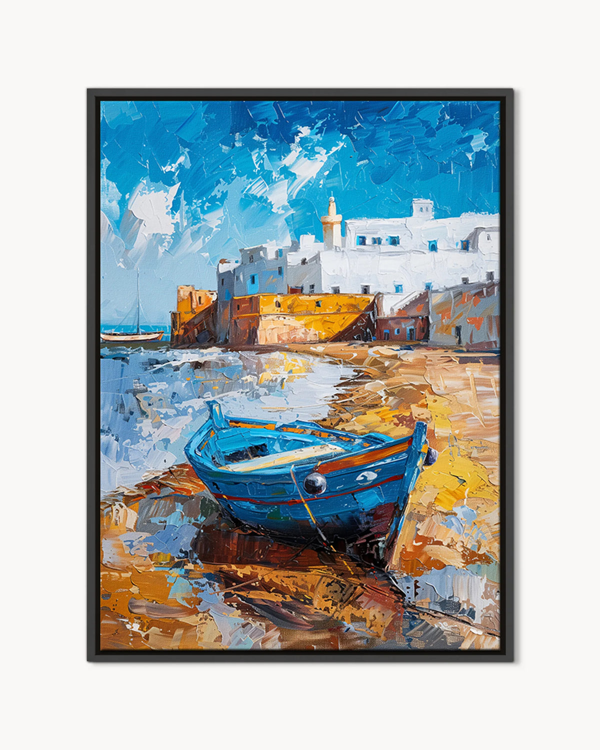 Essaouira – Blue Boat at the Ramparts framed canvas print, product packshot