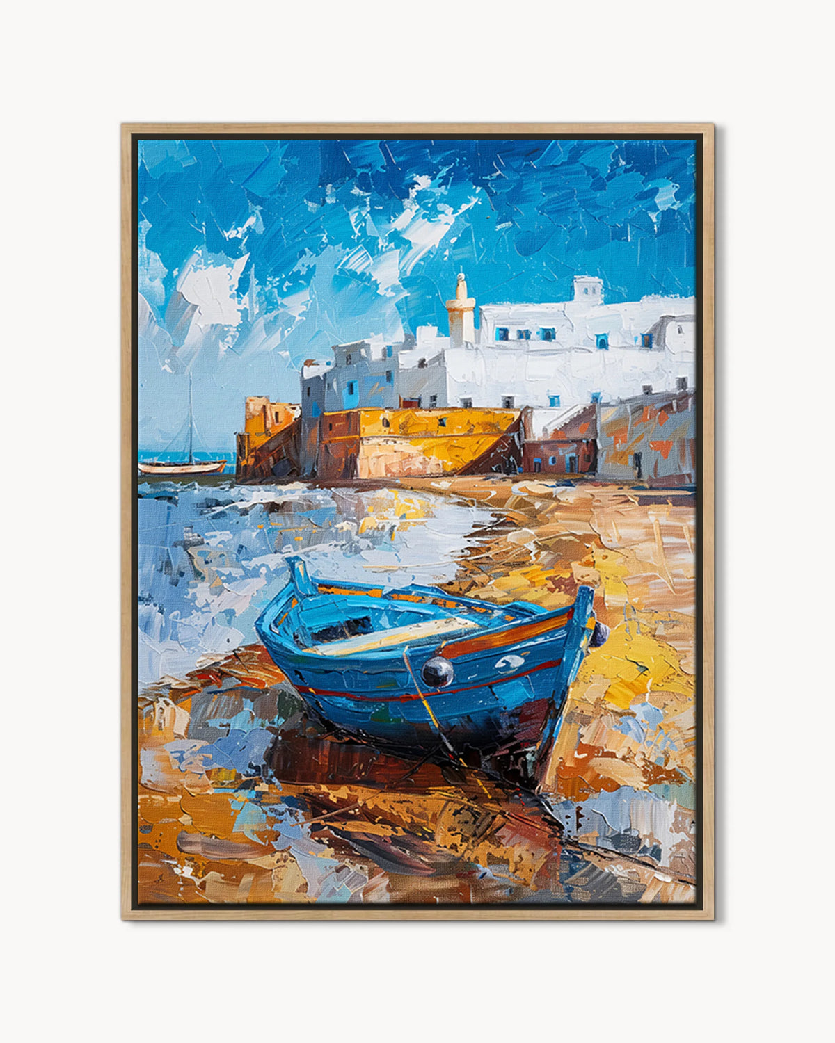 Essaouira – Blue Boat at the Ramparts framed canvas print, product packshot
