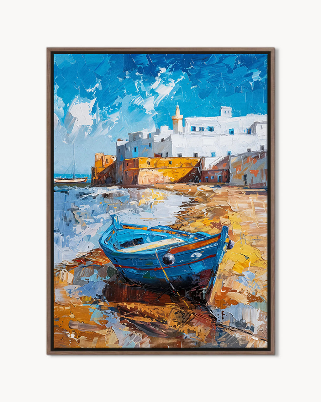 Essaouira – Blue Boat at the Ramparts framed canvas print, product packshot