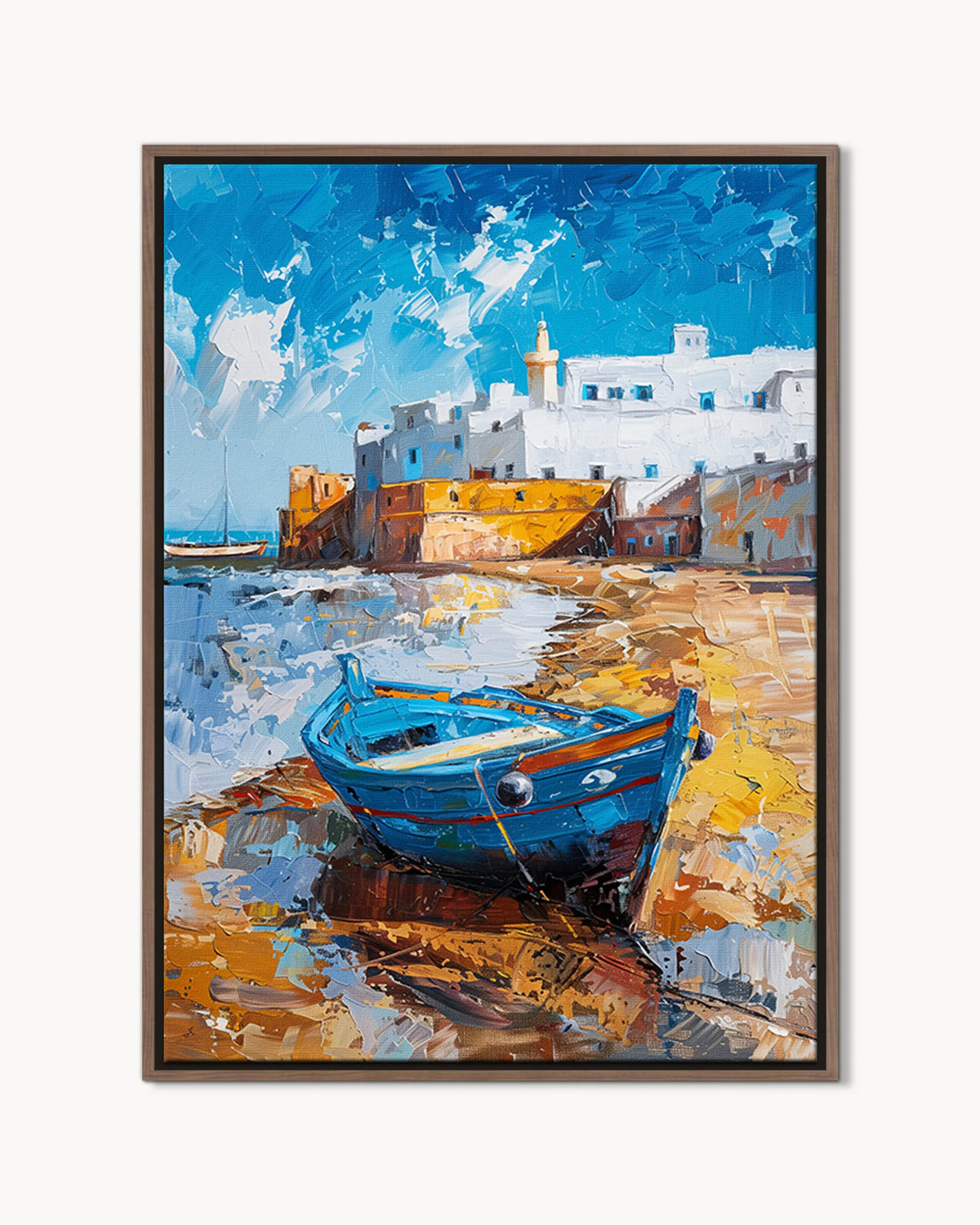 Essaouira – Blue Boat at the Ramparts framed canvas print, product packshot