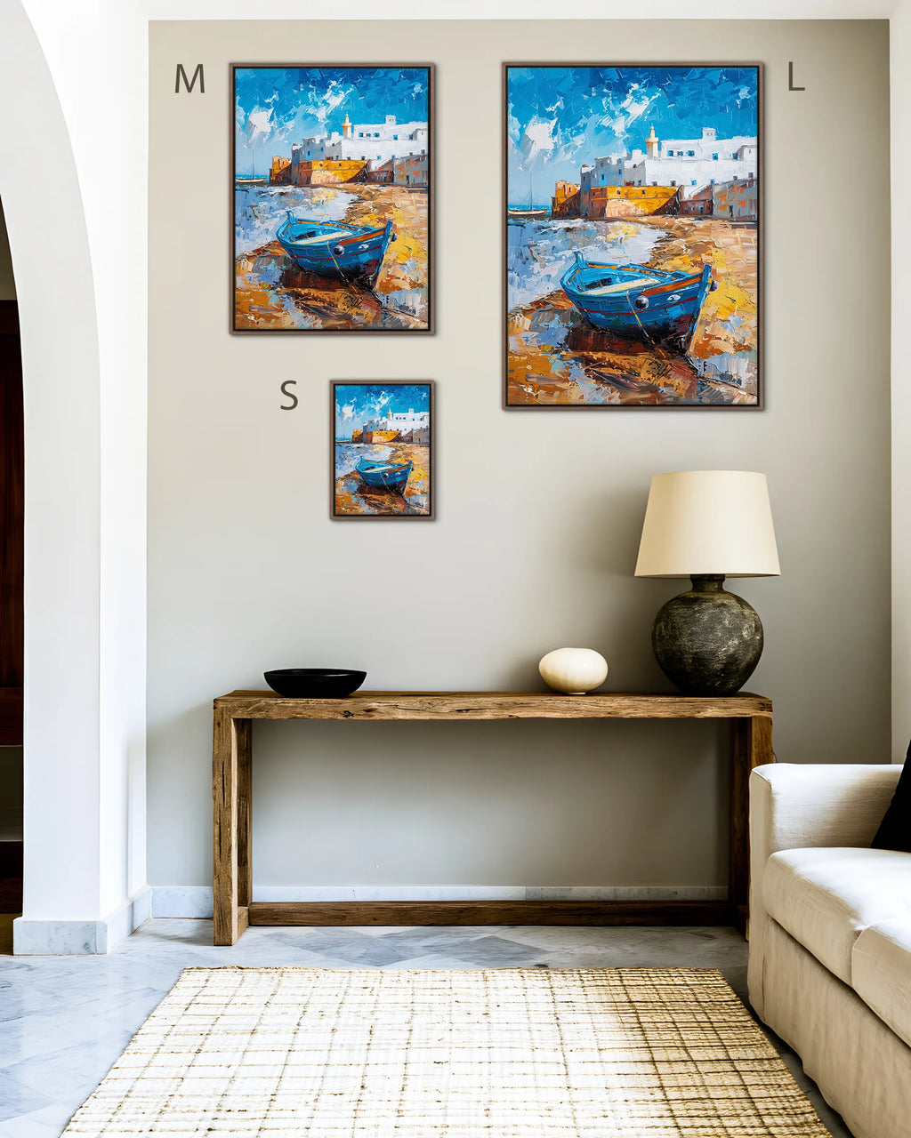 Size guide for Essaouira – Blue Boat at the Ramparts framed canvas print, sizes S, M and L