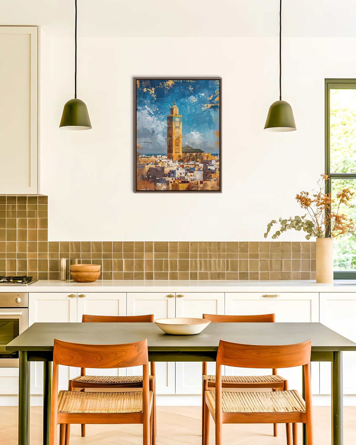 Casablanca – Hassan II Mosque framed canvas print, ambiance shot in a styled interior