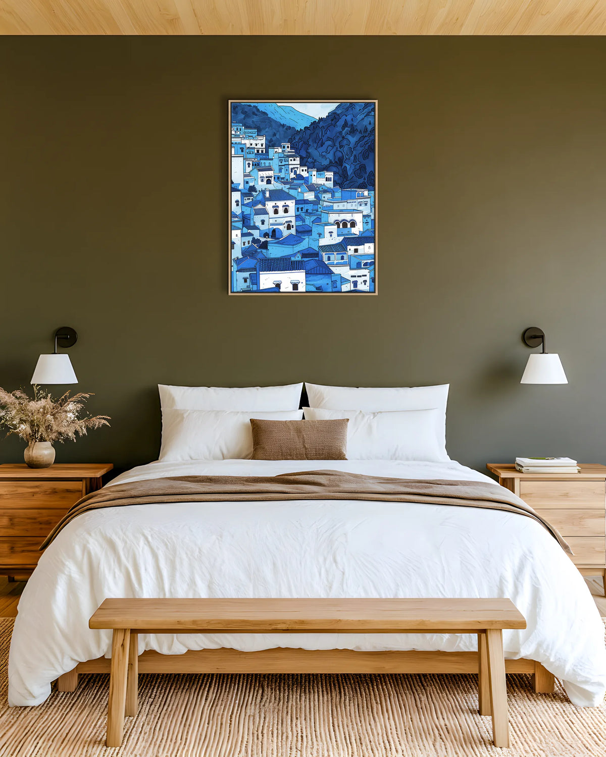 Chefchaouen – Blue Medina framed canvas print, ambiance shot in a styled interior
