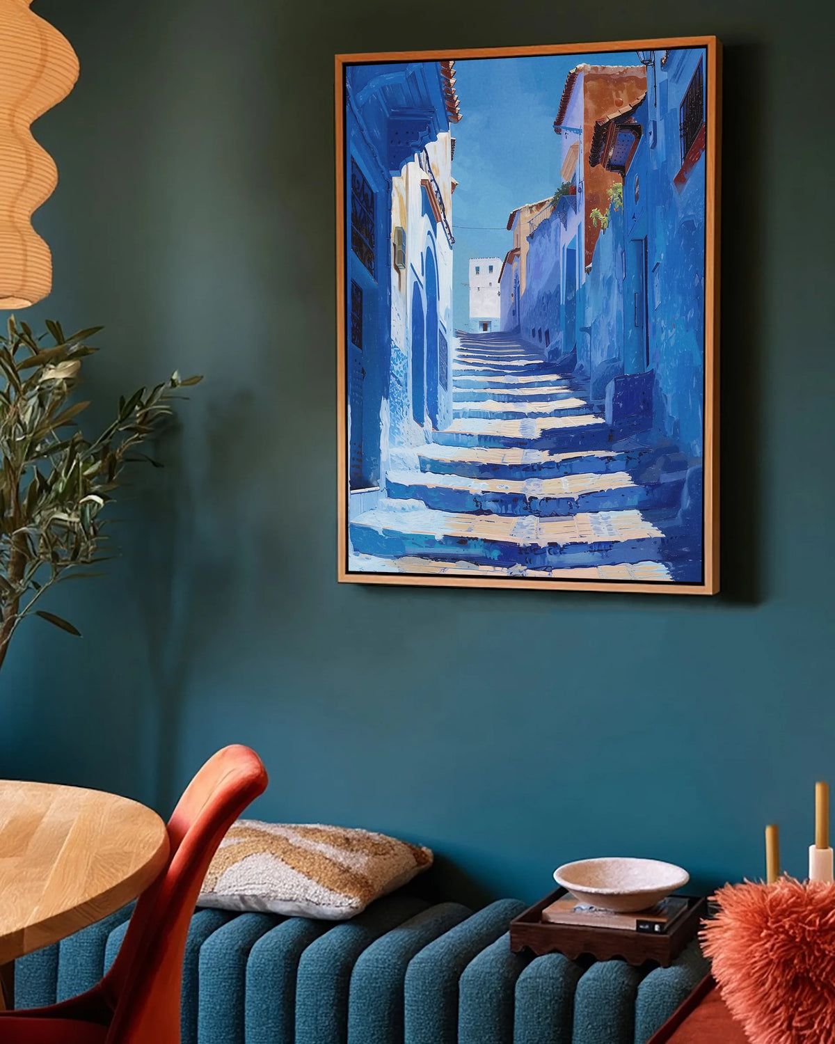 Chefchaouen – Blue Alley framed canvas print, ambiance shot in a styled interior