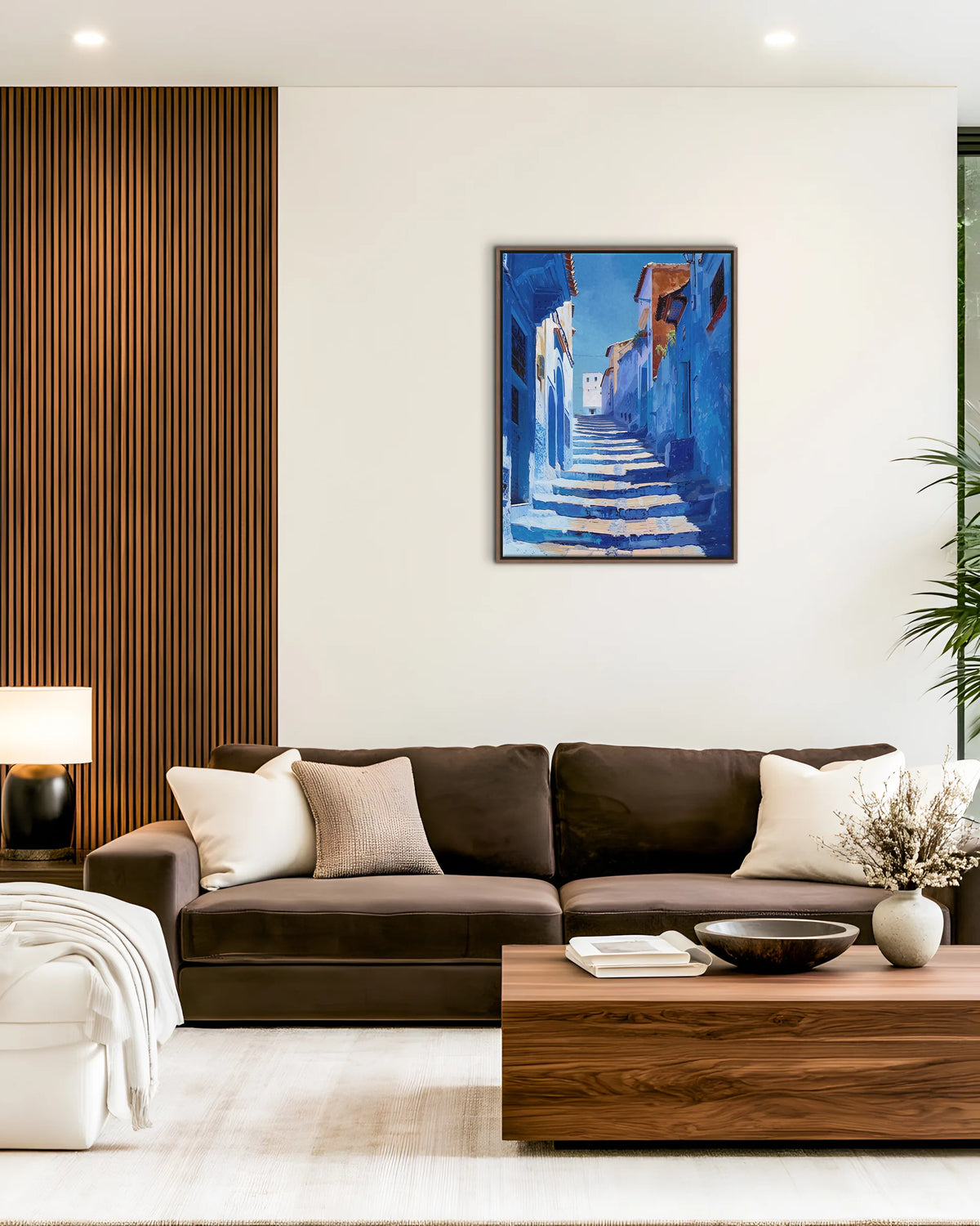 Chefchaouen – Blue Alley framed canvas print, ambiance shot in a styled interior
