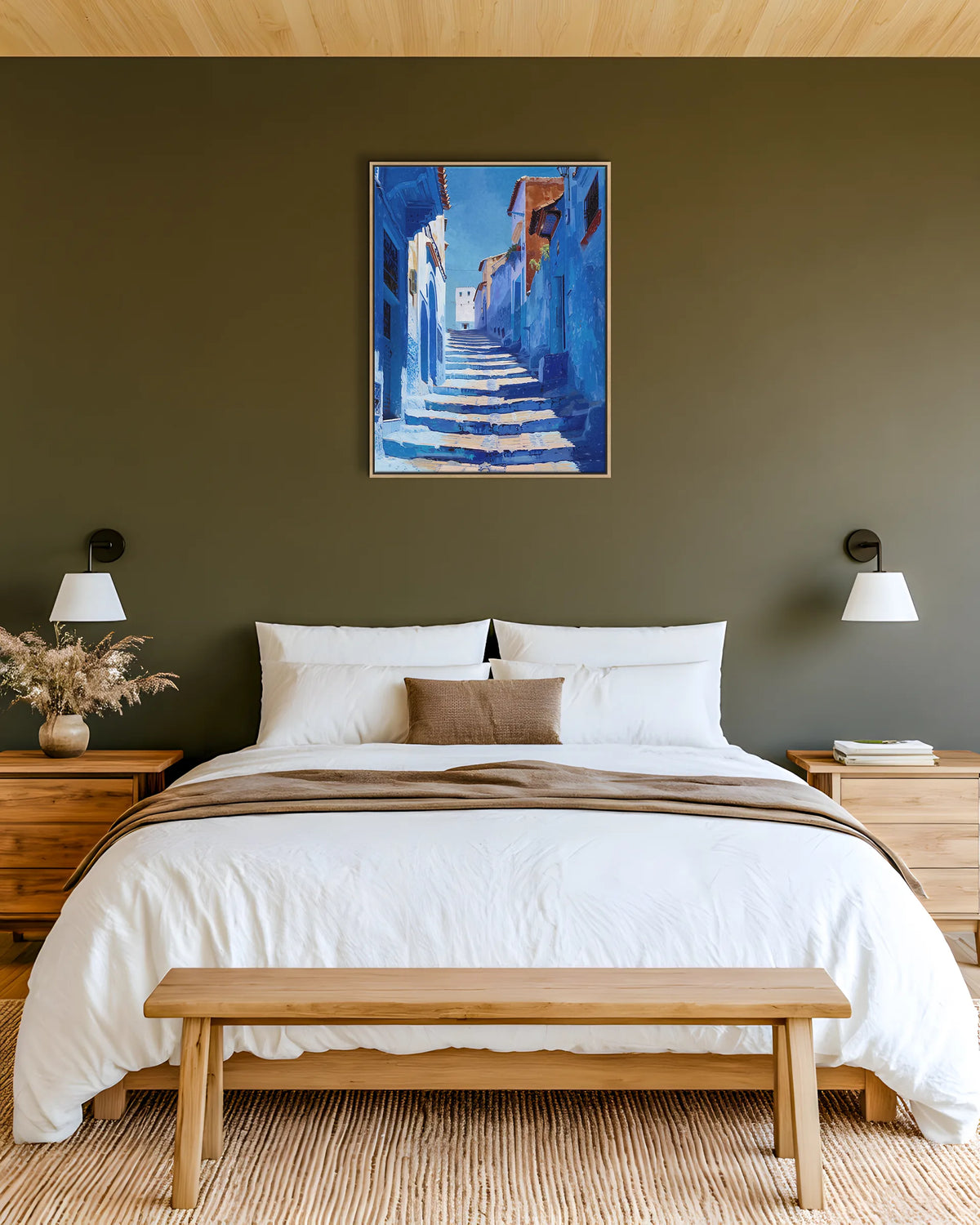 Chefchaouen – Blue Alley framed canvas print, ambiance shot in a styled interior