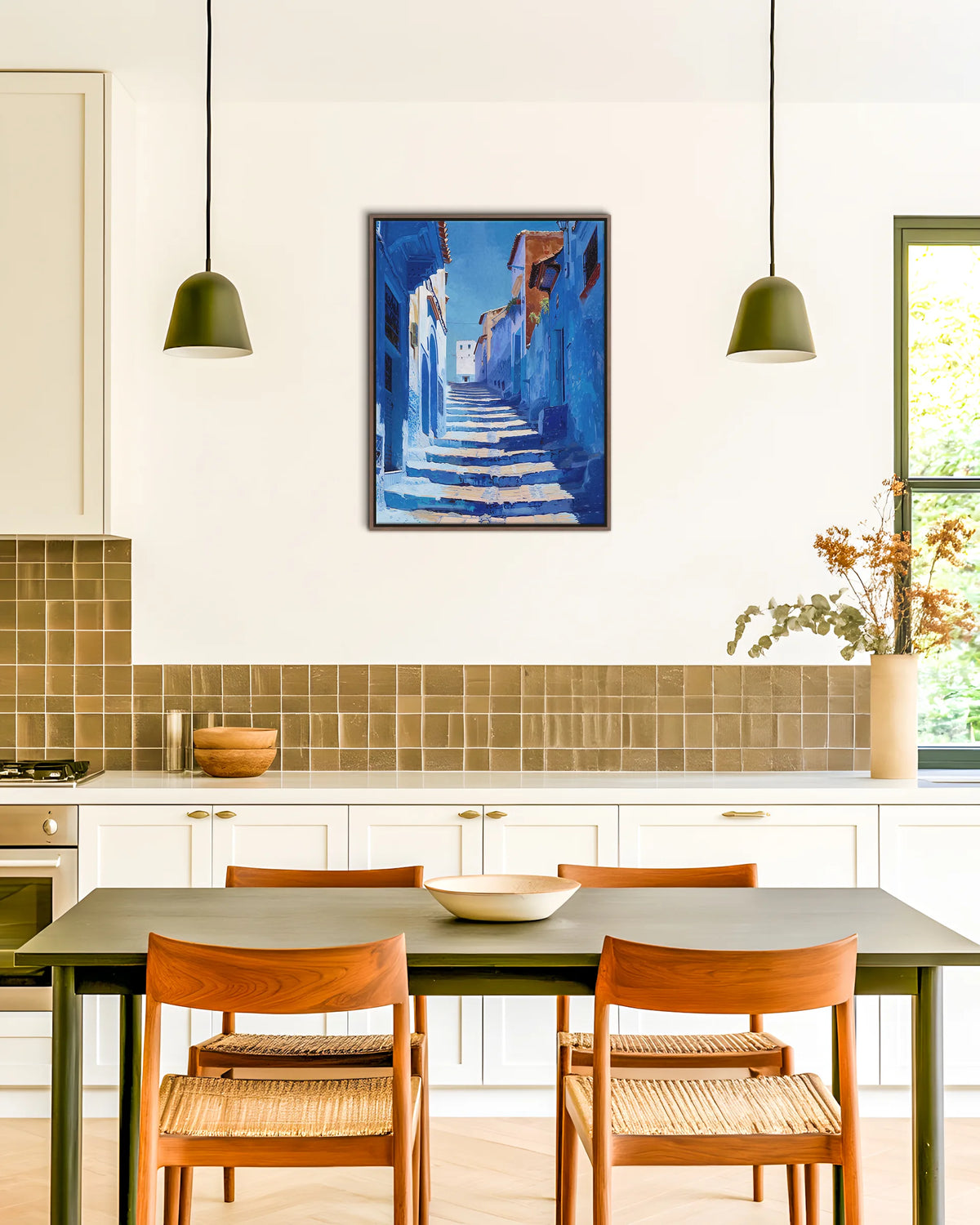 Chefchaouen – Blue Alley framed canvas print, ambiance shot in a styled interior
