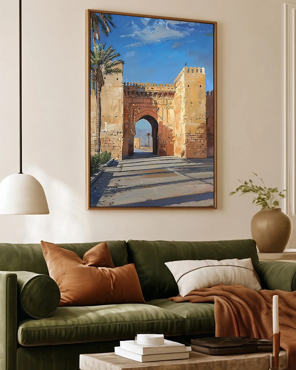 Oujda – The Imperial Gate framed canvas print, ambiance shot in a styled interior