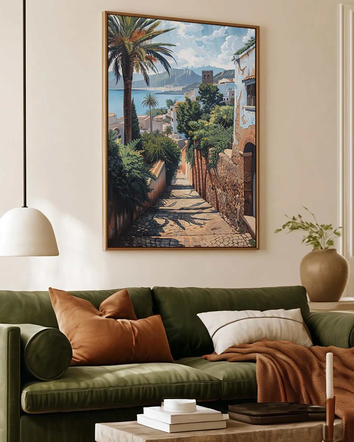 Tangier – Bay and Palms framed canvas print, ambiance shot in a styled interior