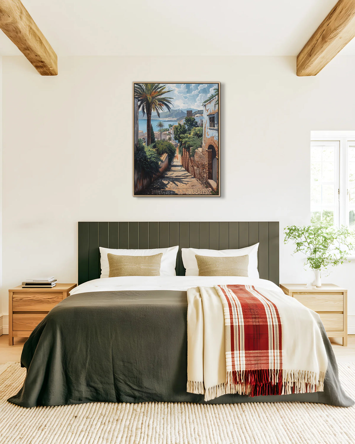 Tangier – Bay and Palms framed canvas print, ambiance shot in a styled interior