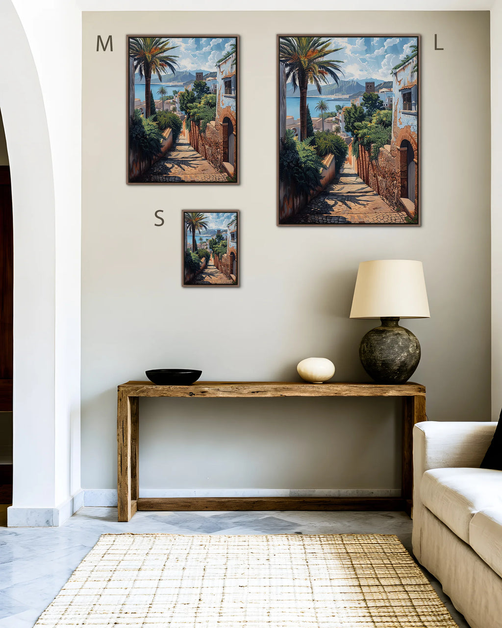Size guide for Tangier – Bay and Palms framed canvas print, sizes S, M and L
