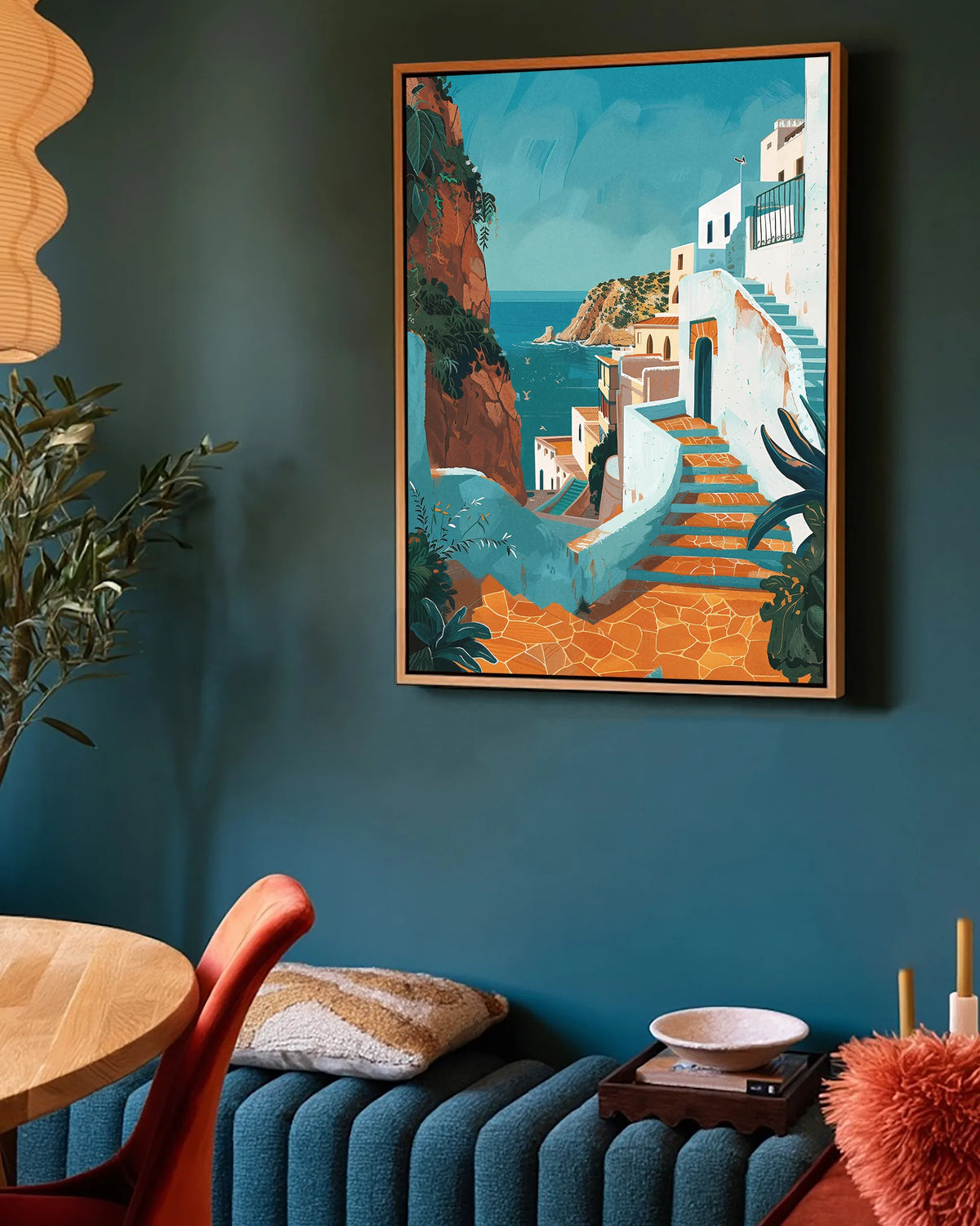 Tangier – Coastal Steps framed canvas print, ambiance shot in a styled interior