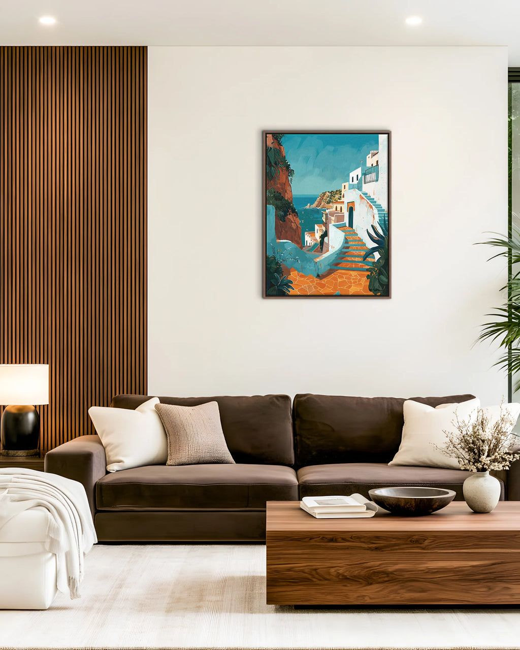 Tangier – Coastal Steps framed canvas print, ambiance shot in a styled interior