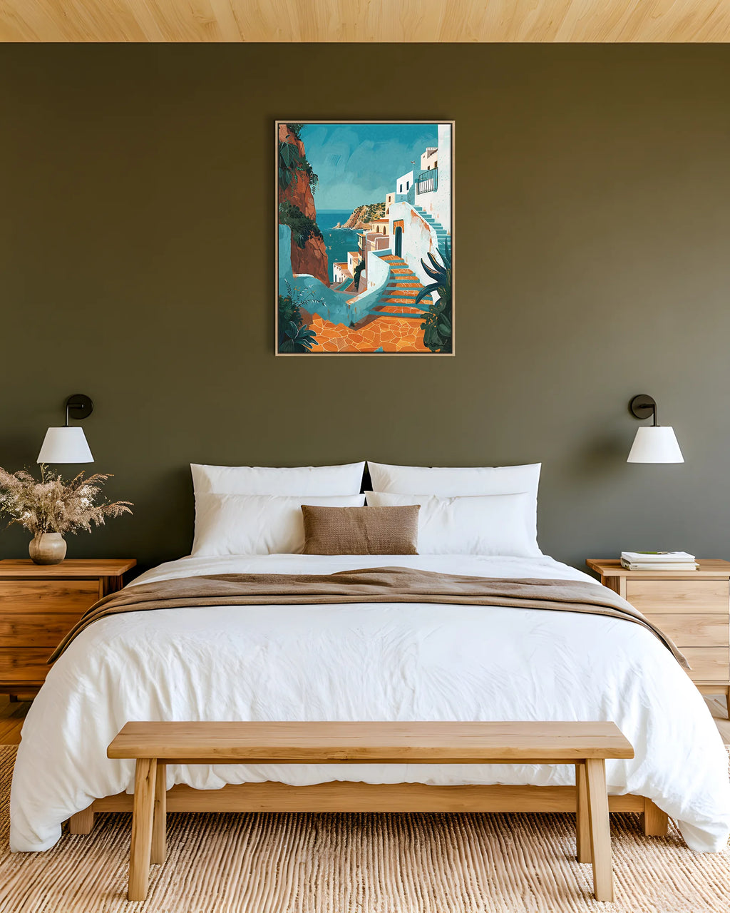 Tangier – Coastal Steps framed canvas print, ambiance shot in a styled interior