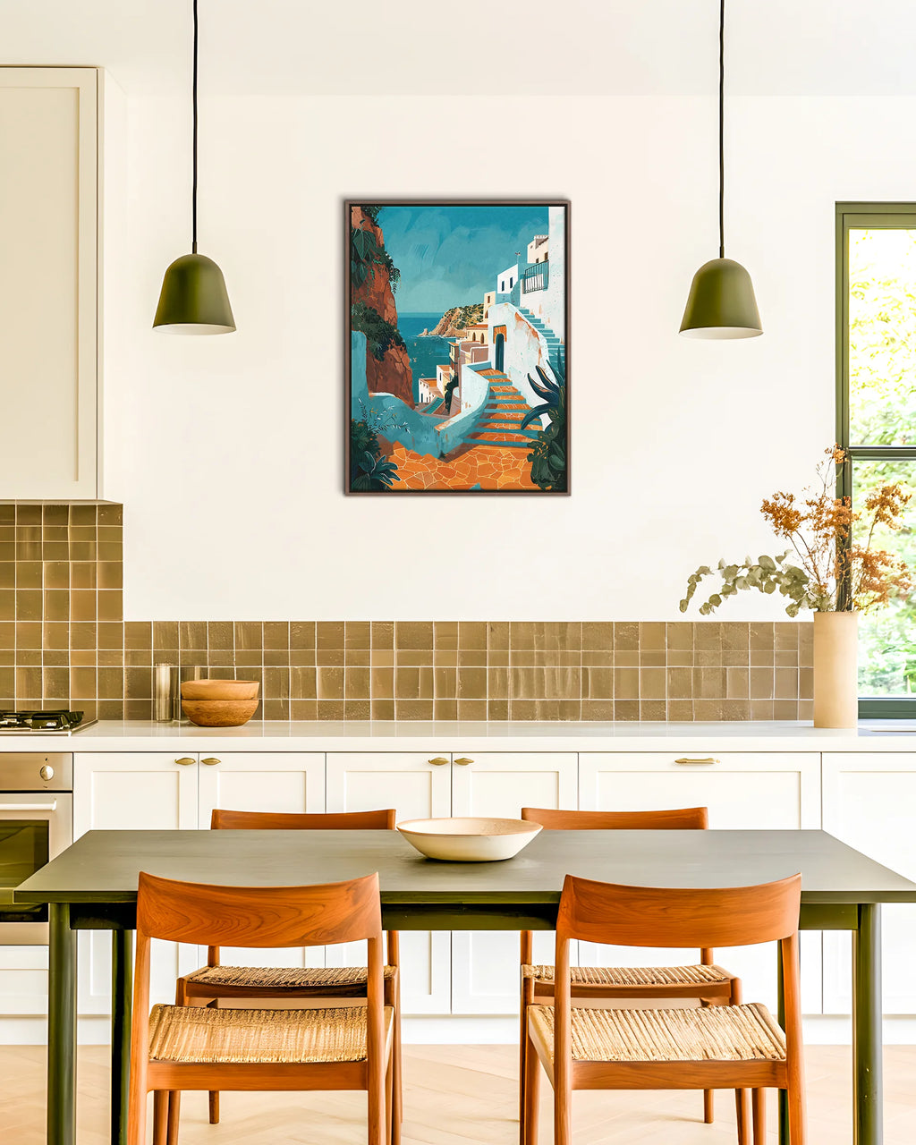 Tangier – Coastal Steps framed canvas print, ambiance shot in a styled interior