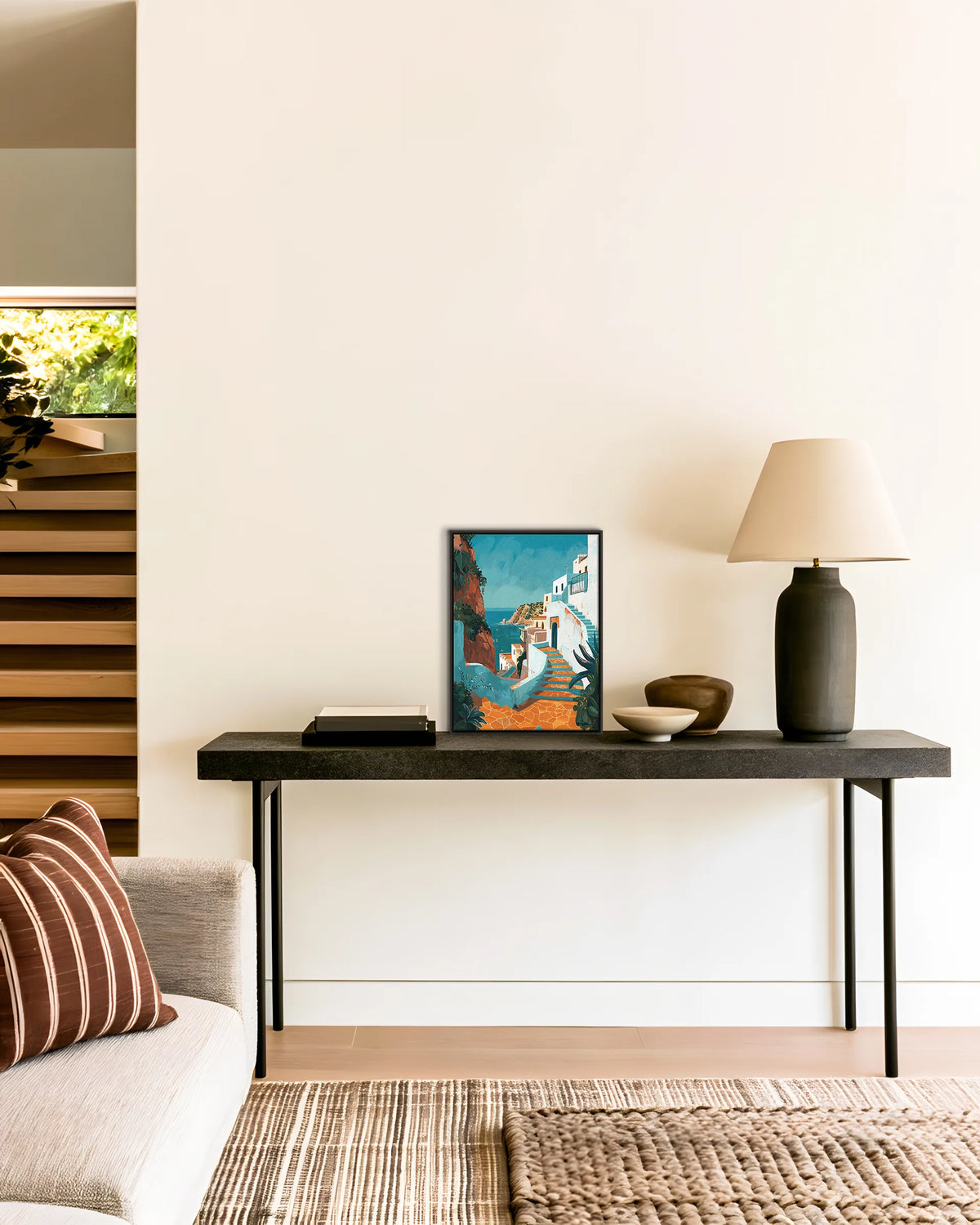 Tangier – Coastal Steps framed canvas print, ambiance shot in a styled interior
