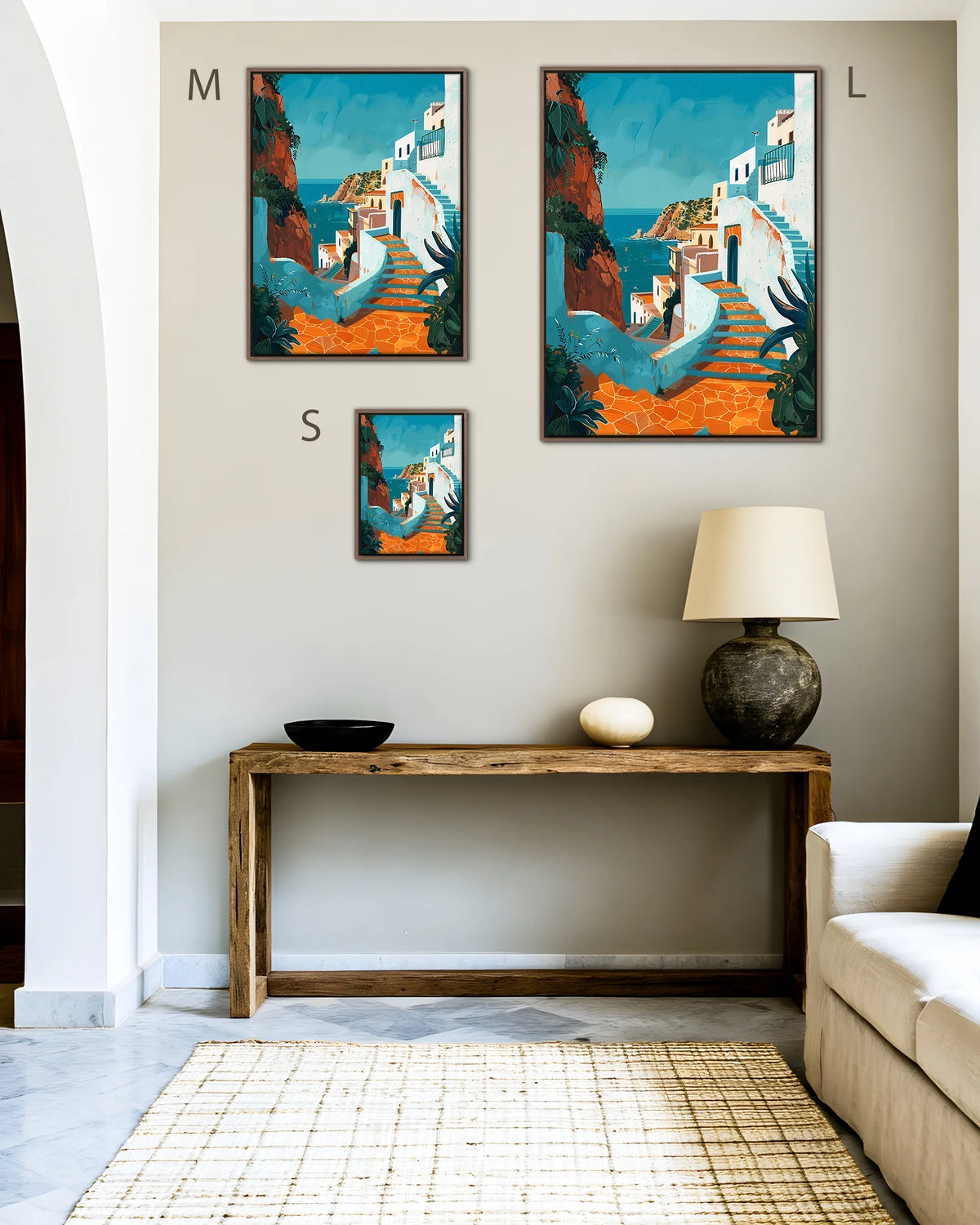 Size guide for Tangier – Coastal Steps framed canvas print, sizes S, M and L