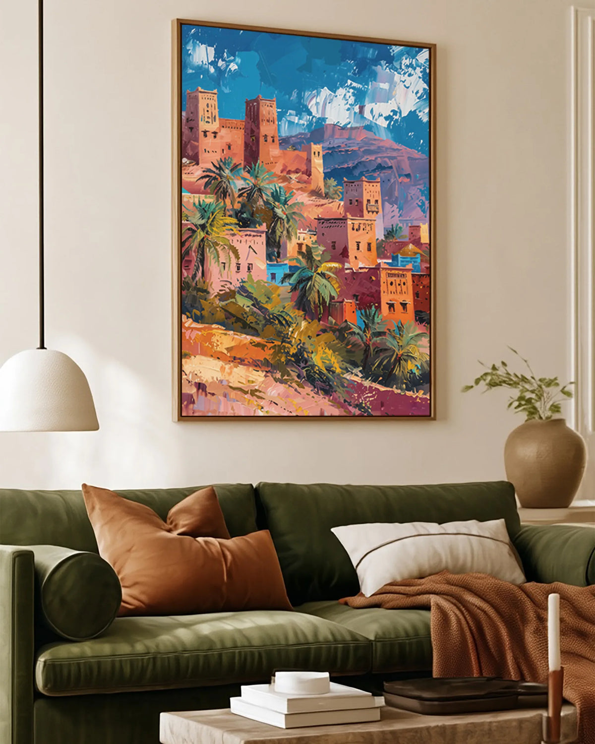 Ouarzazate – Kasbah Hillside framed canvas print, ambiance shot in a styled interior