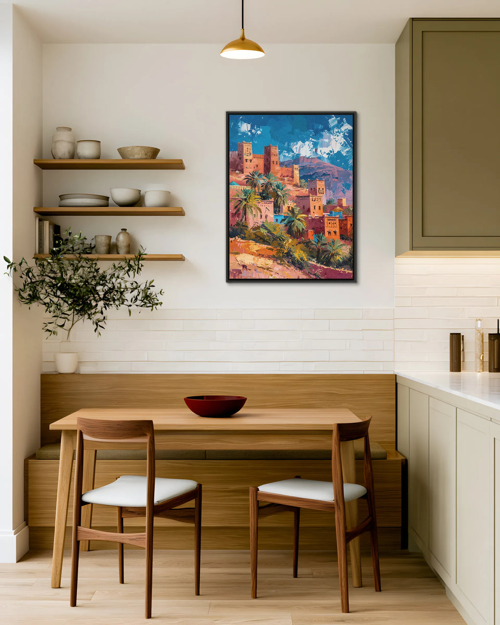 Ouarzazate – Kasbah Hillside framed canvas print, ambiance shot in a styled interior