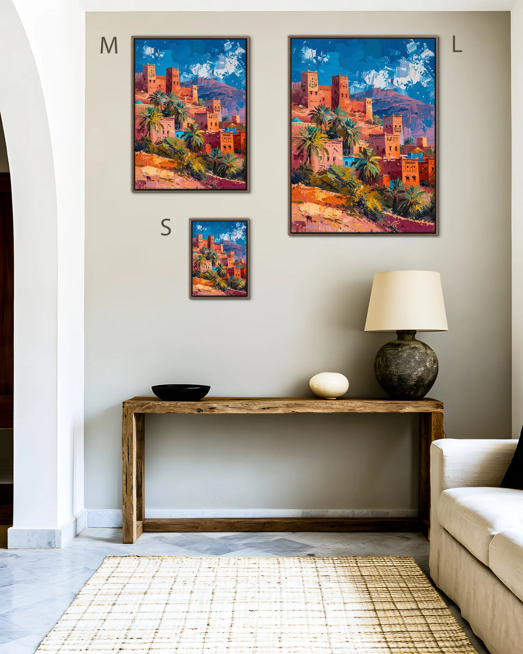 Size guide for Ouarzazate – Kasbah Hillside framed canvas print, sizes S, M and L