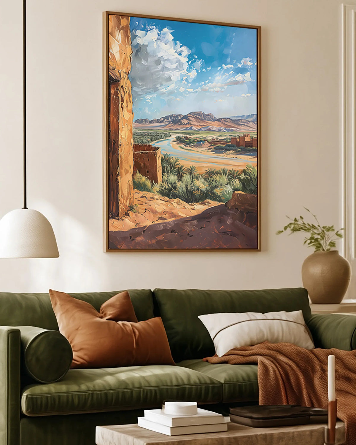 Ouarzazate – Valley of the Kasbahs framed canvas print, ambiance shot in a styled interior