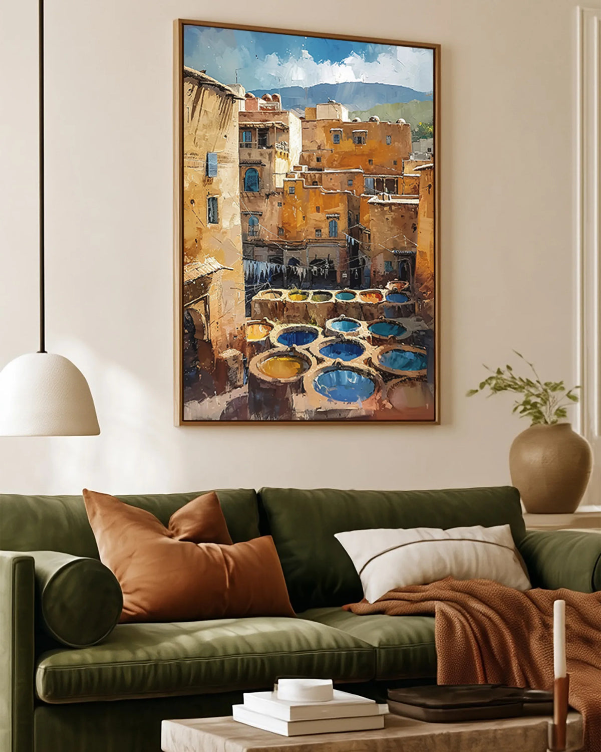 Fes – Chouara Tannery framed canvas print, ambiance shot in a styled interior