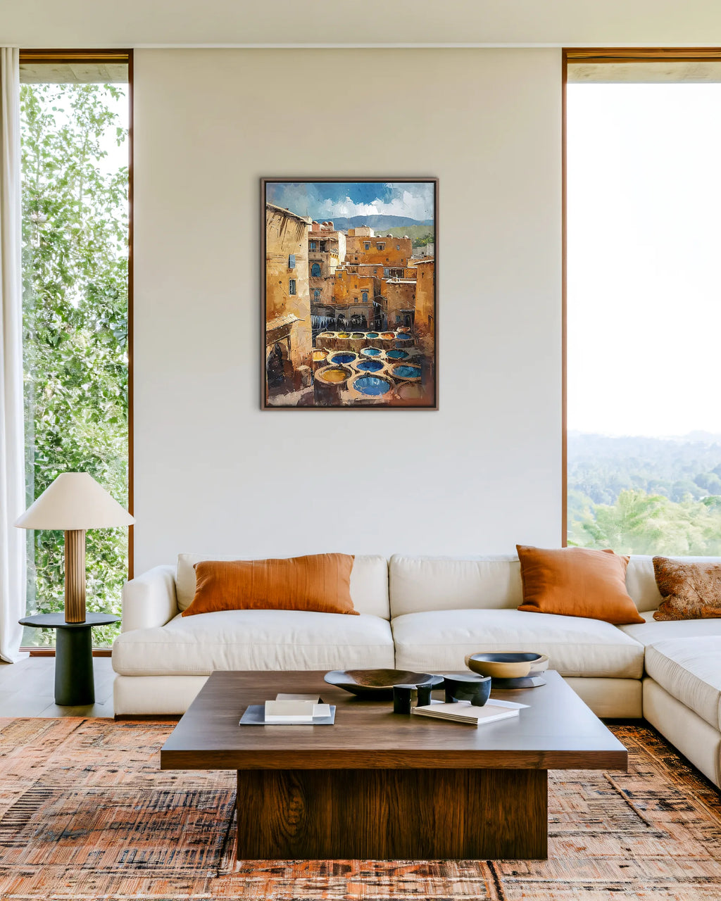Fes – Chouara Tannery framed canvas print, ambiance shot in a styled interior
