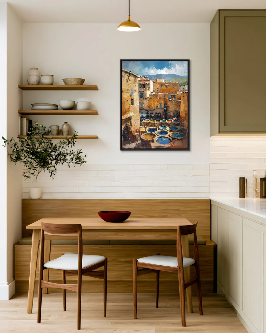 Fes – Chouara Tannery framed canvas print, ambiance shot in a styled interior