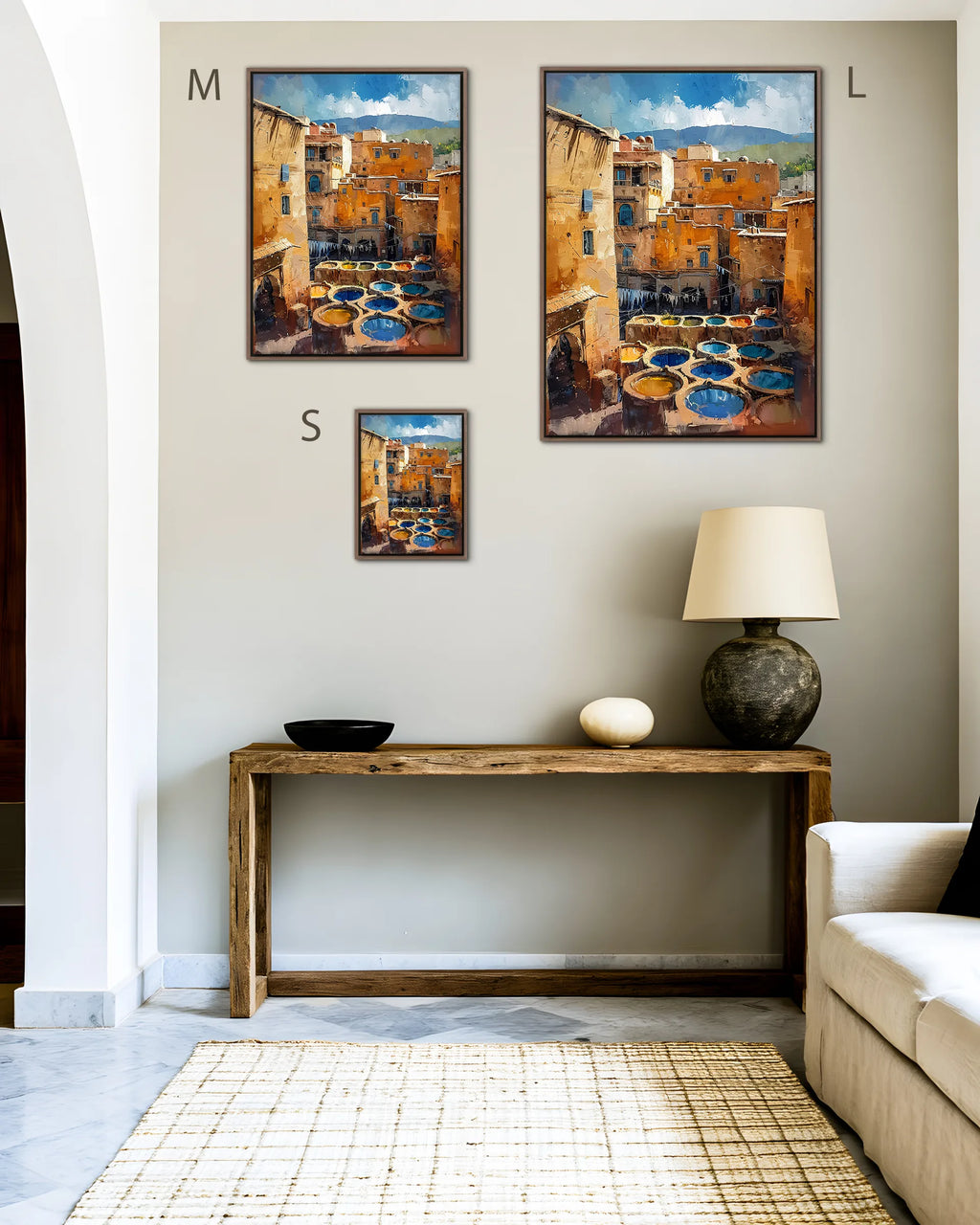 Size guide for Fes – Chouara Tannery framed canvas print, sizes S, M and L