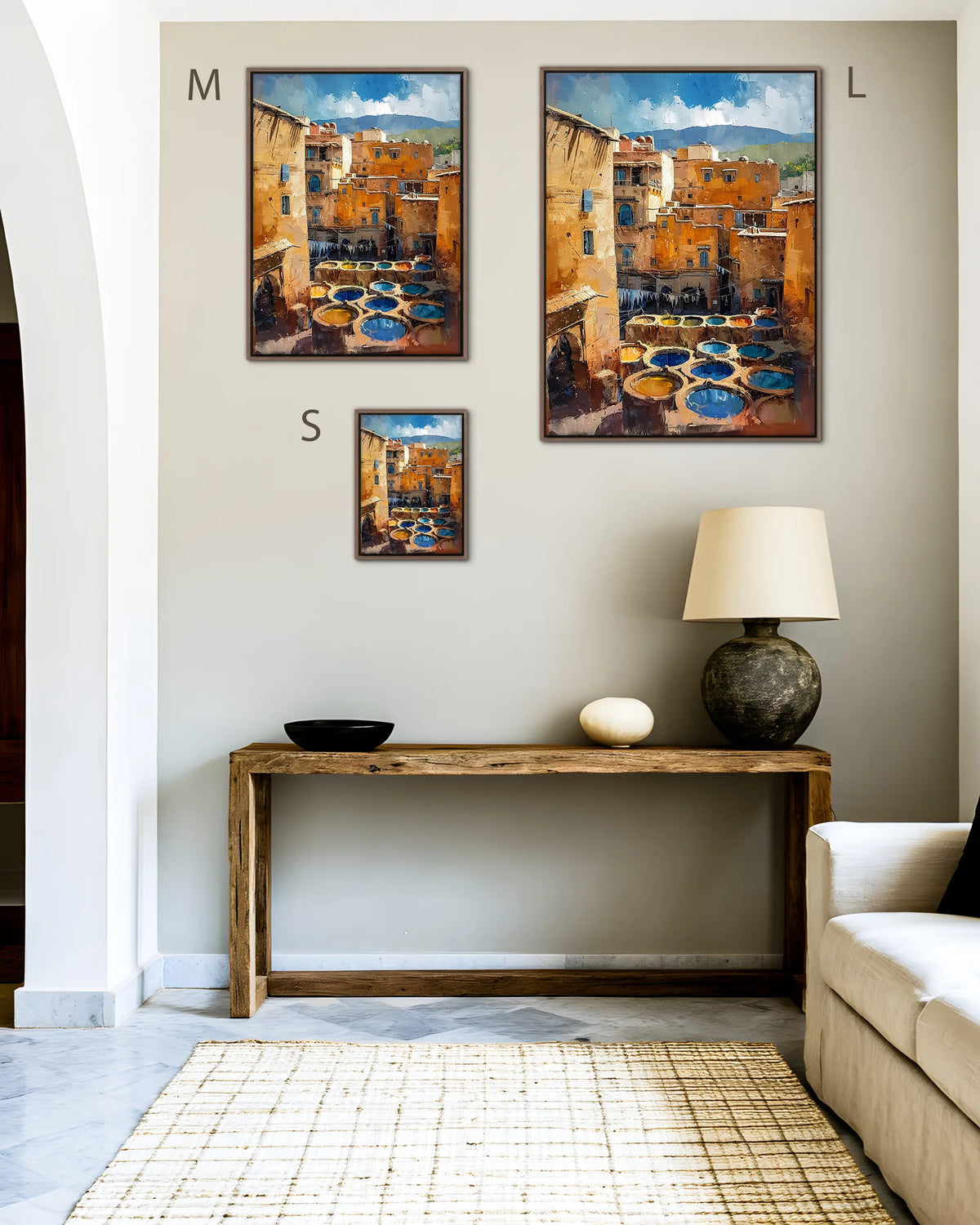 Size guide for Fes – Chouara Tannery framed canvas print, sizes S, M and L